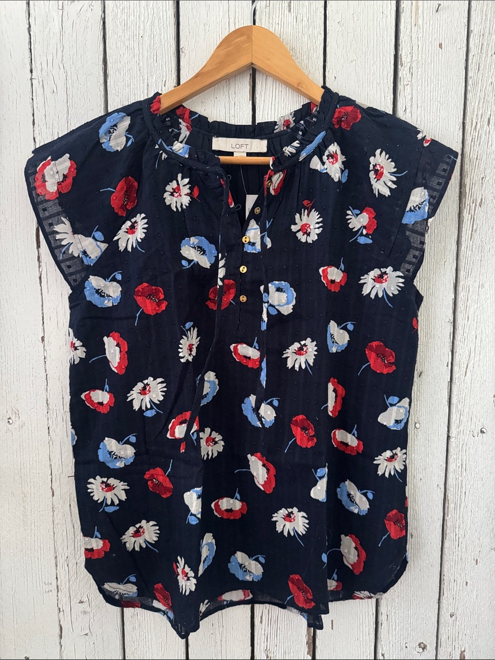 LOFT Navy Floral Tie-Neck Cap-Sleeve Blouse